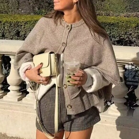 Khaki Casual Women's Buttoned Round Neck Knit Cardigan - Picture 6 of 9